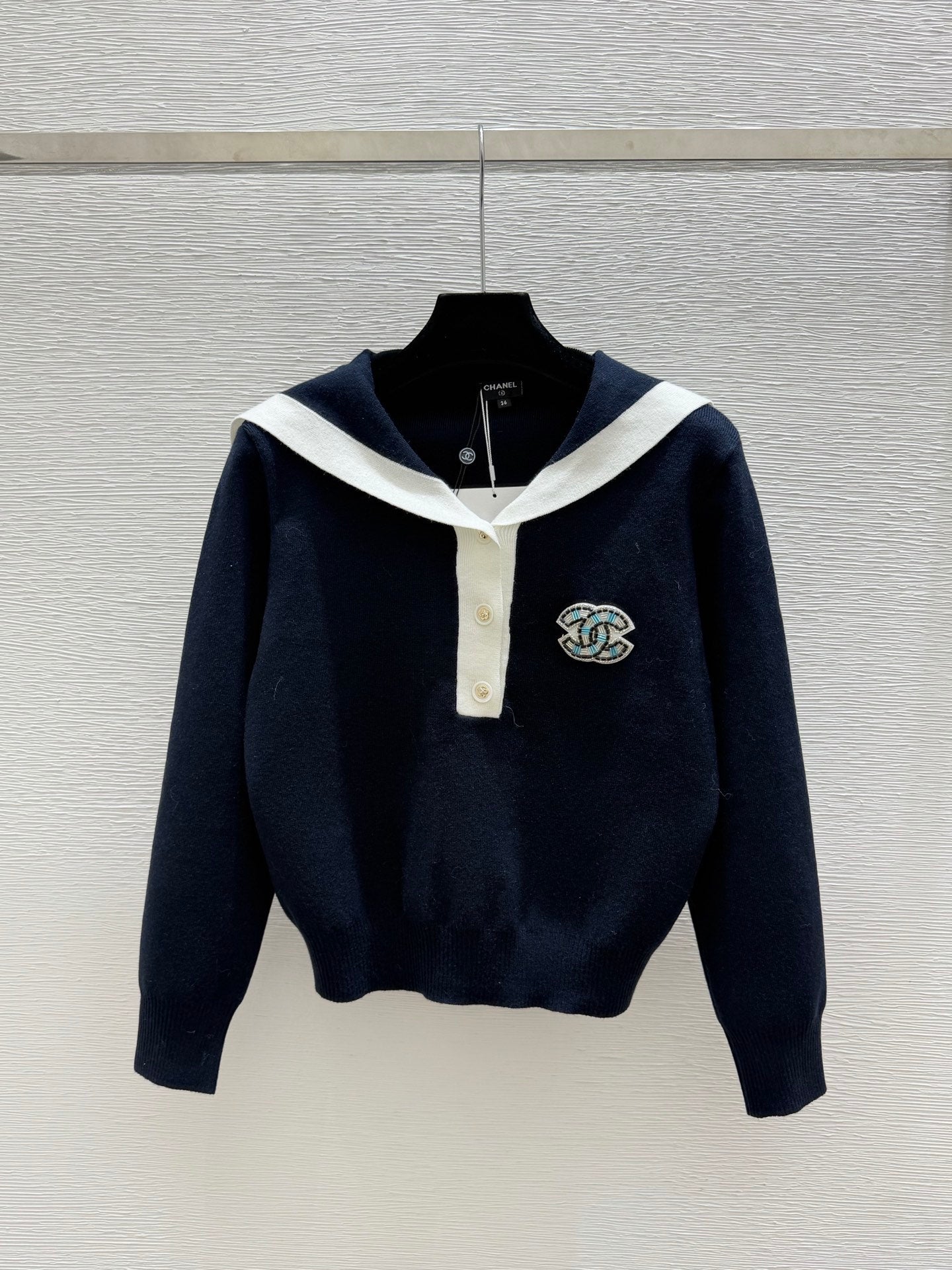CC 26FW Marine-Inspired Knit Pullover Sweater Sailor Collar Half-Button Logo Wool 313320