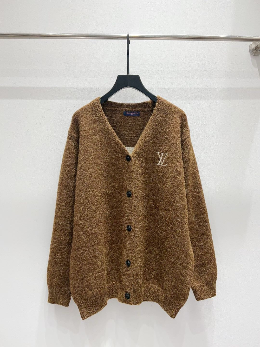 LV 26FW V-Neck Button-Up Cardigan Handwritten Jacquard Pattern Sheep Wool 441729
