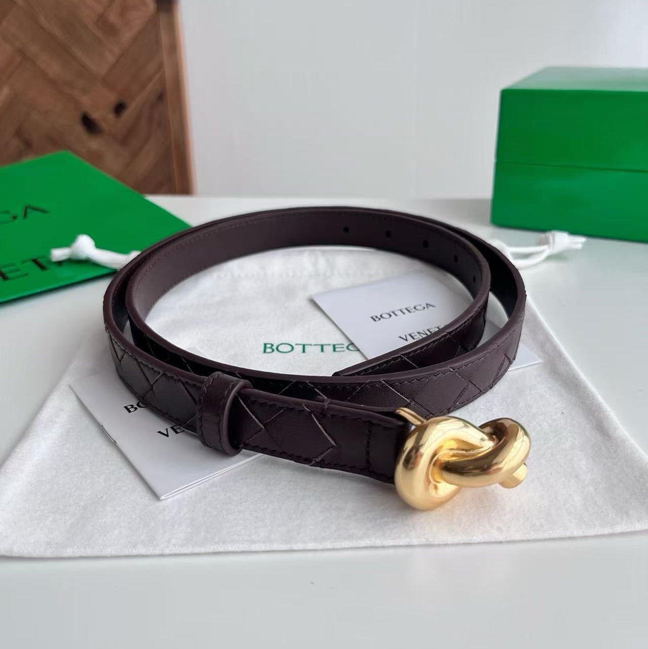 BV 26S Intreccio Andiamo Knot Buckle Belt 3cm Chocolate Calfskin
