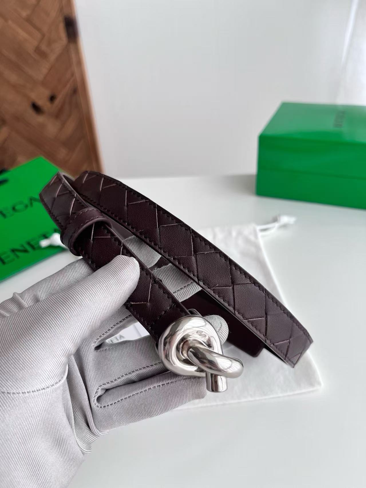 BV 26S Intreccio Andiamo Knot Buckle Belt 3cm Chocolate Calfskin