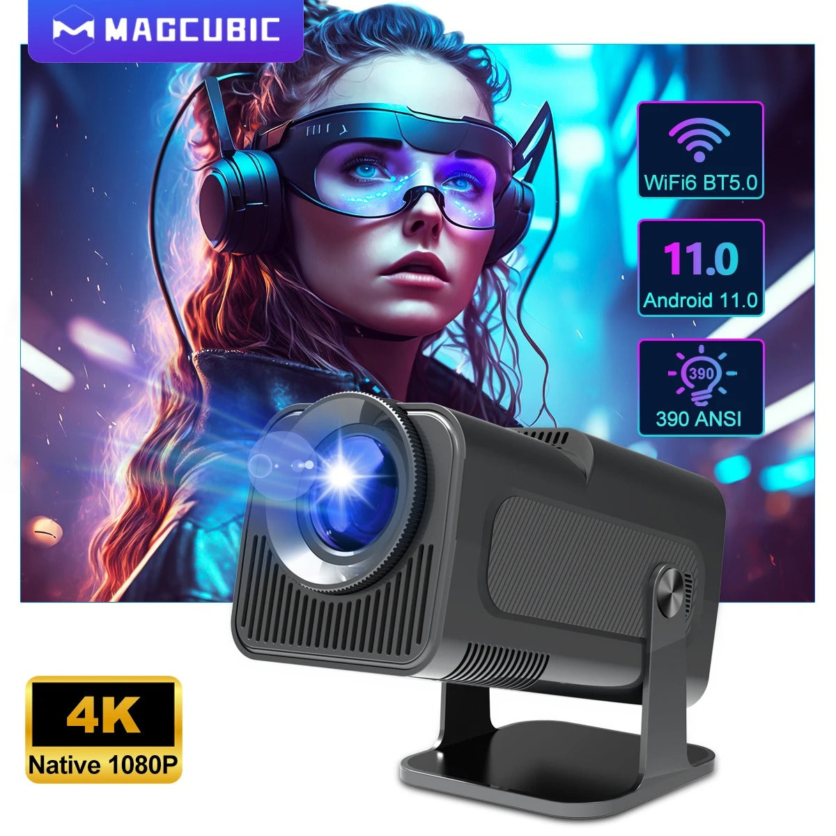 Mini Projecteur, HY320 Videoprojecteur, Natif 1080P 4K Projecteur avec Android 11, WiFi 6 BT 5.0, 150 Pouce-Magcubic