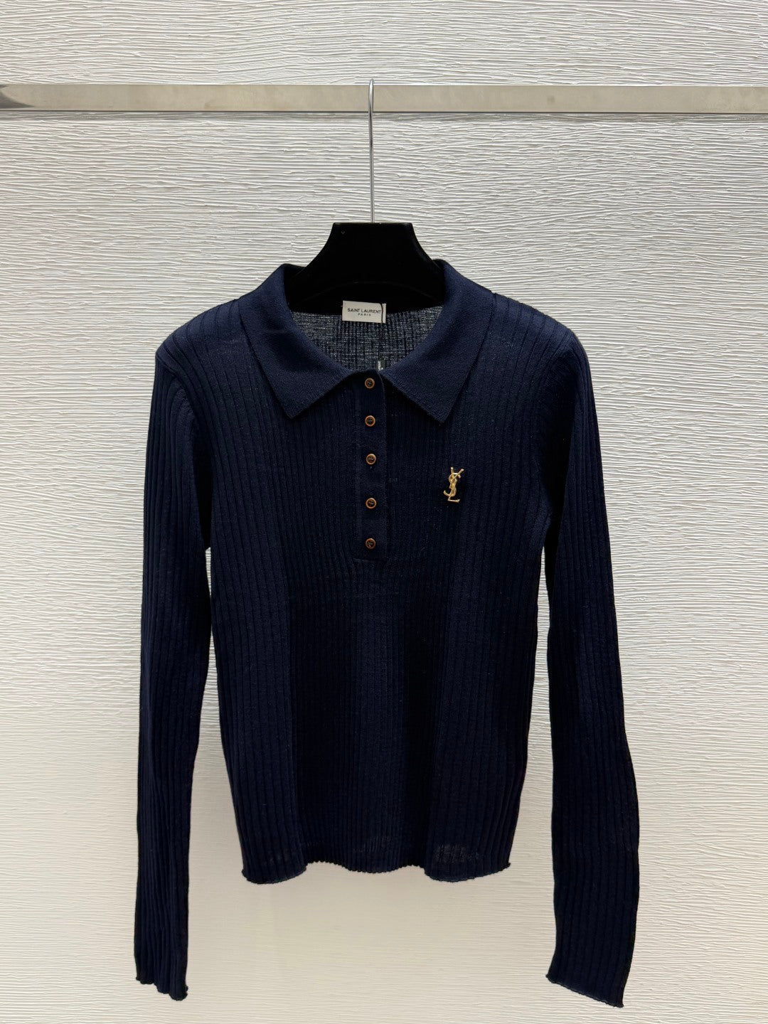 YSL 26FW Ribbed Knit Polo Sweater Gold-Tone YSL Logo Wool 313375