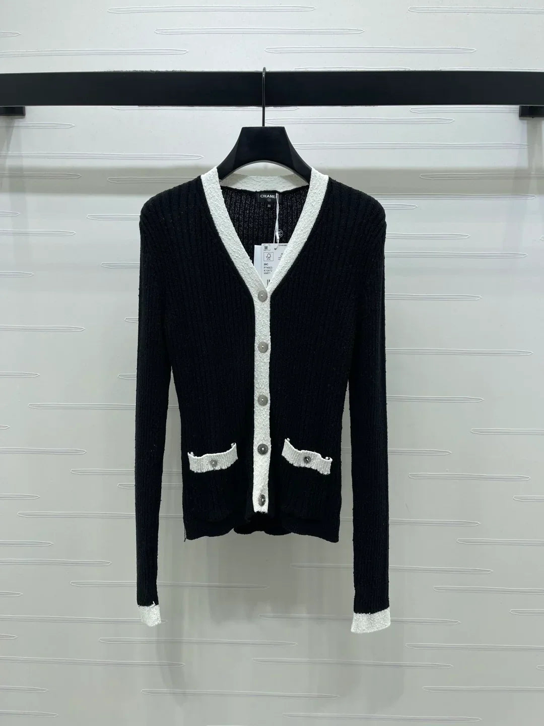 Chanel 2026 V-neck Knit Cardigan White and Black Wool Viscose