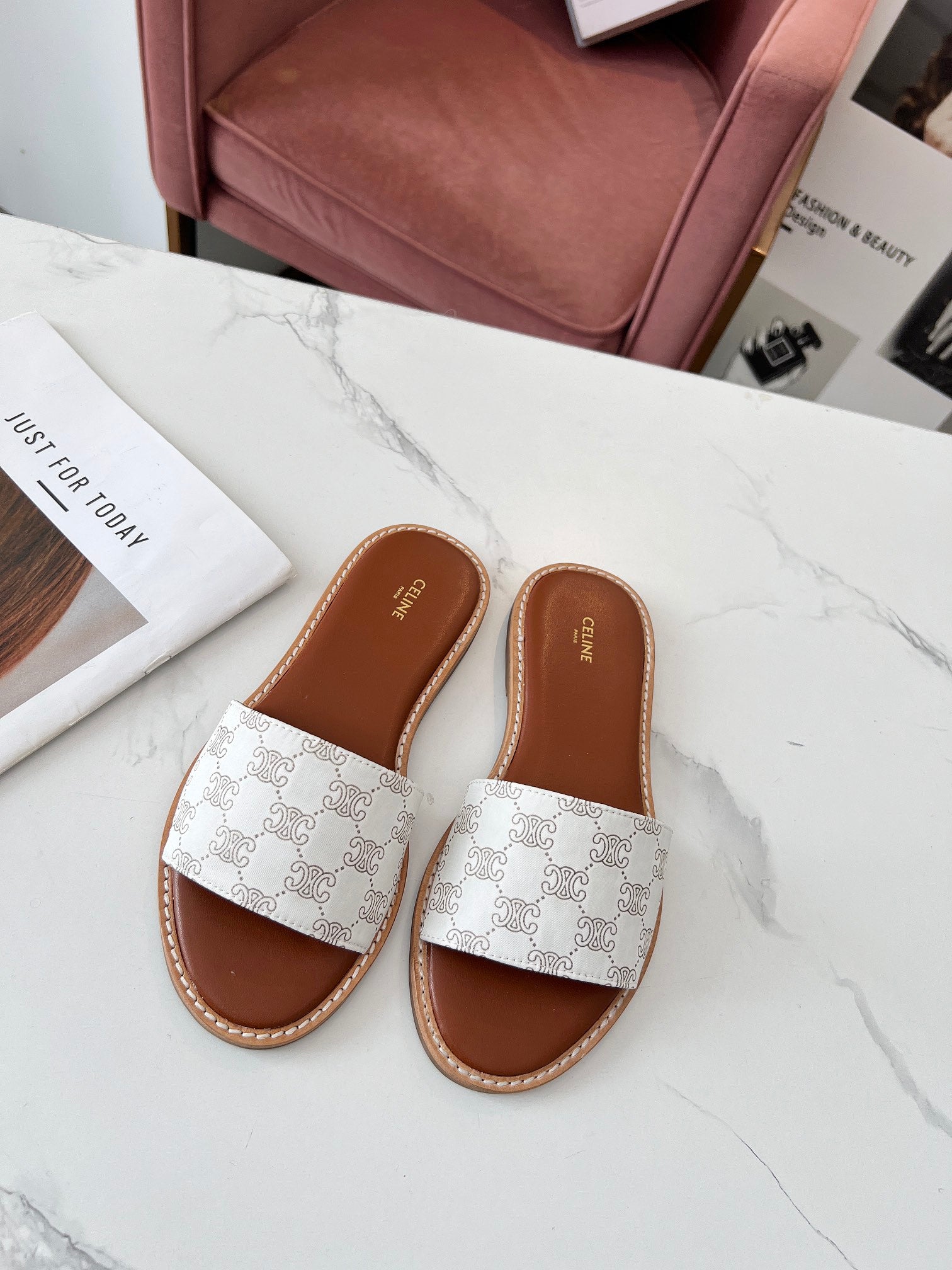 Celine 26s Slip-on Sandals Silk Fabric Leather 982645