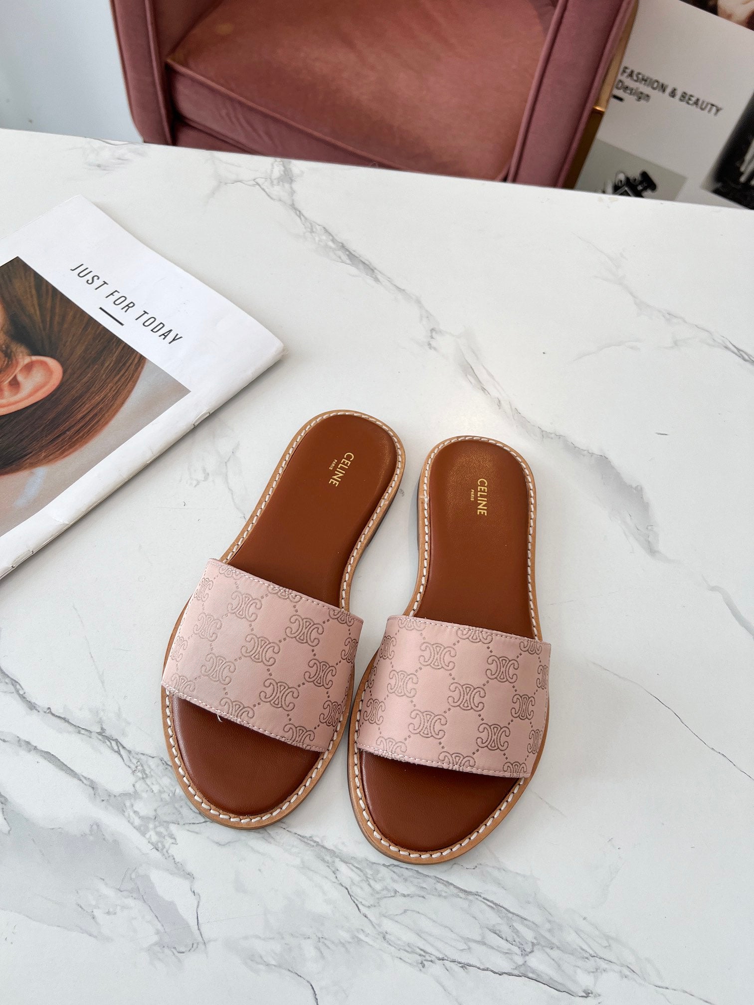Celine 26s Slip-on Sandals Silk Fabric Leather 982645
