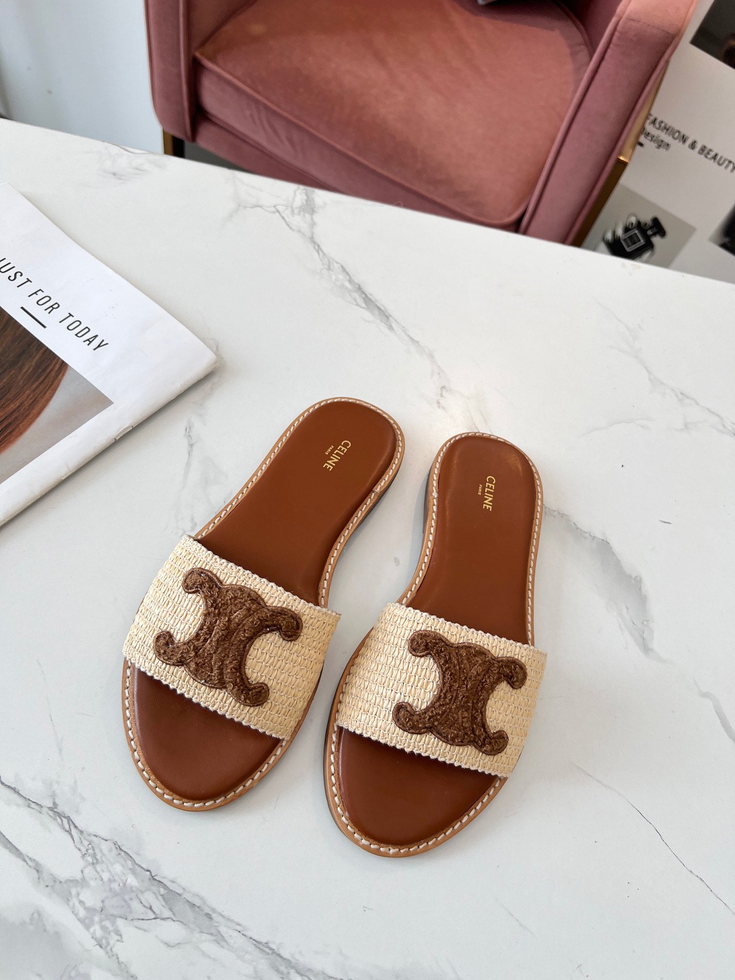 Celine 26s Slip-on Sandals Cotton Leather 982665