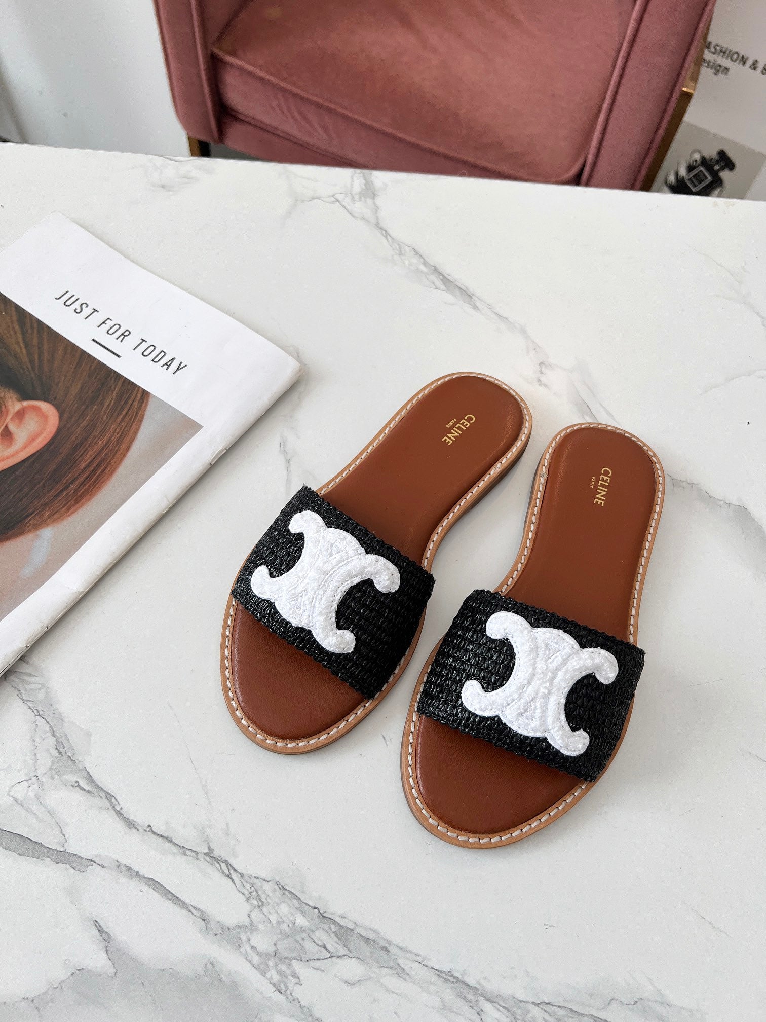 Celine 26s Slip-on Sandals Cotton Leather 982665