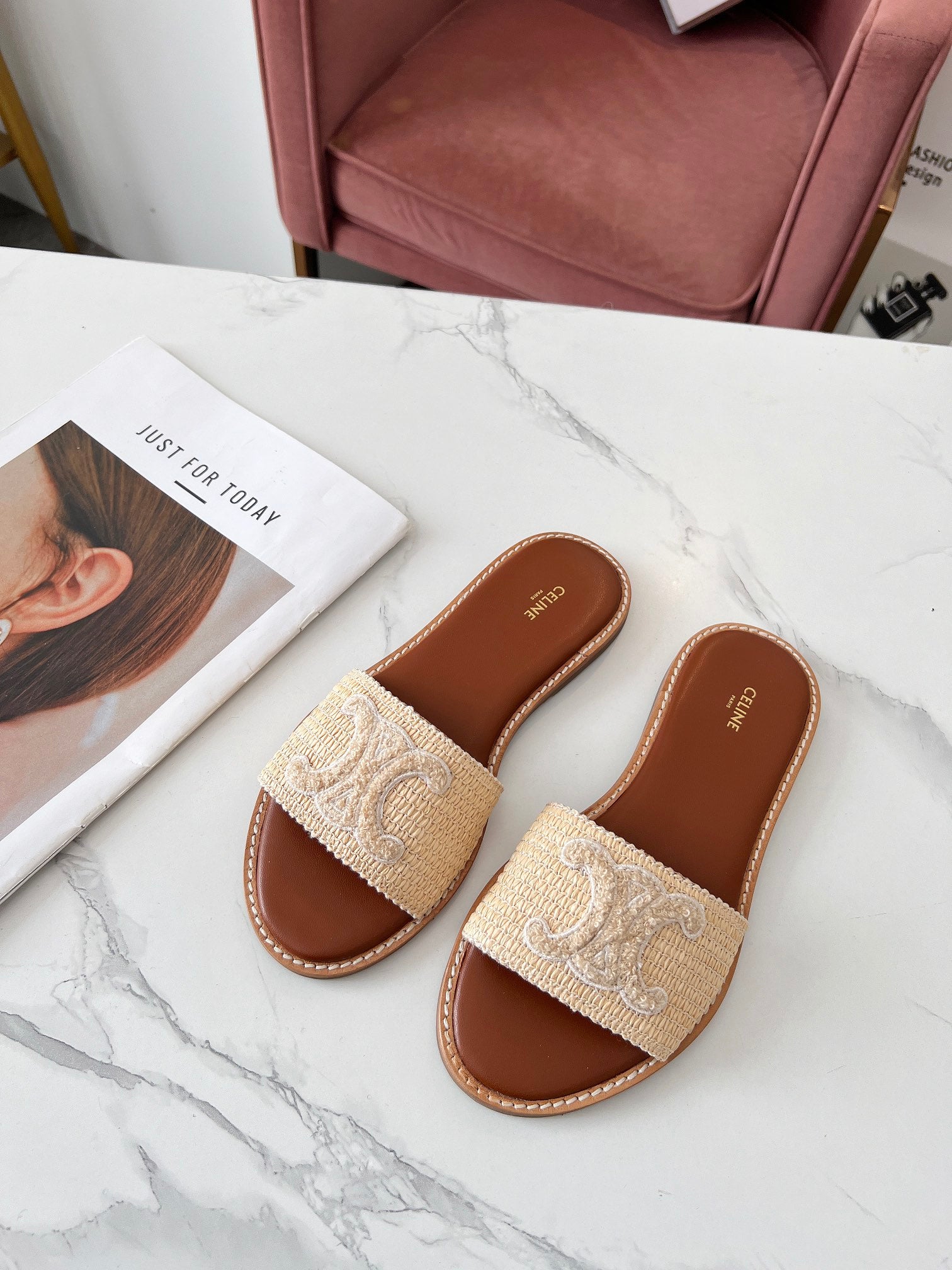 Celine 26s Slip-on Sandals Cotton Leather 982665