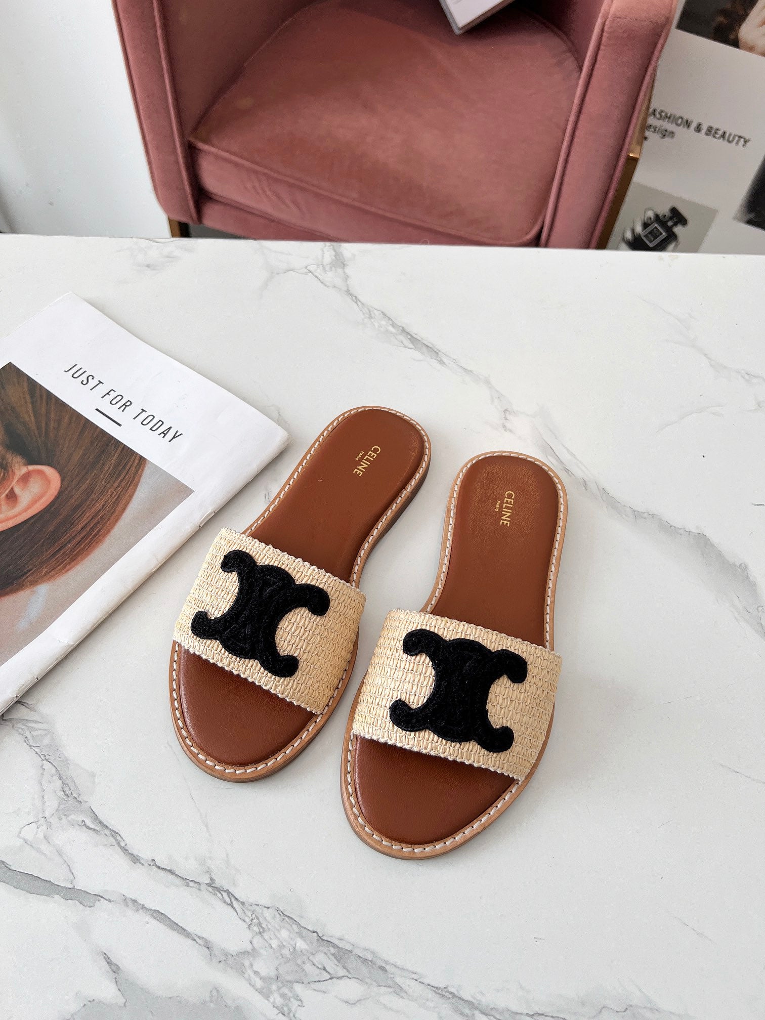 Celine 26s Slip-on Sandals Cotton Leather 982665