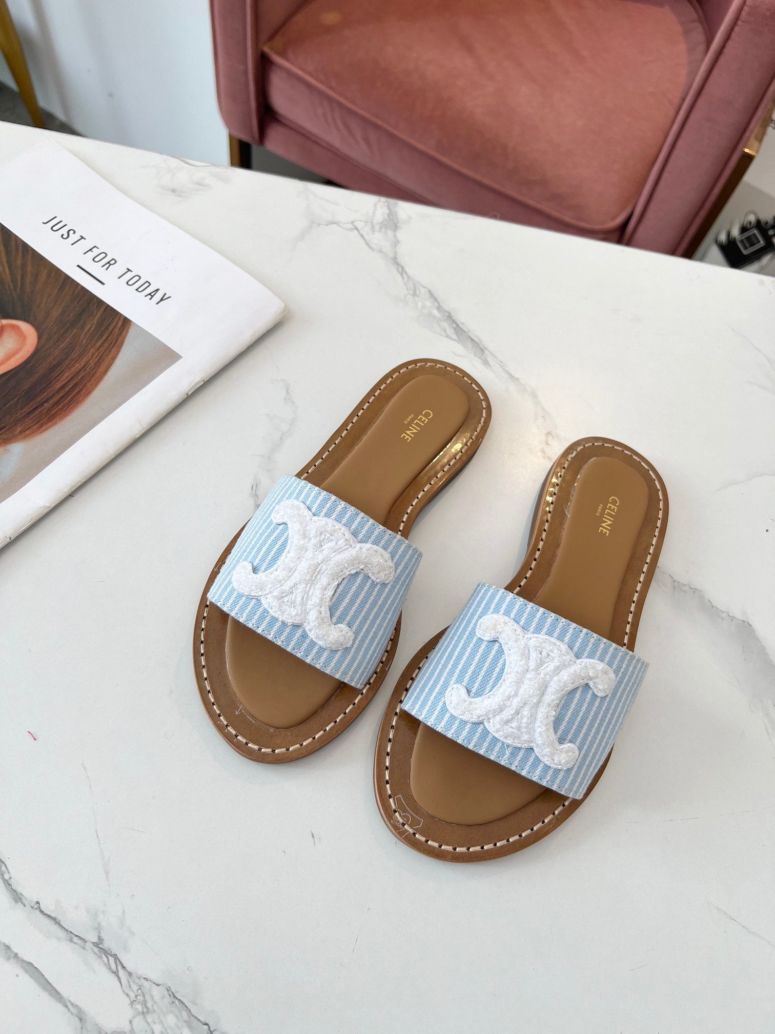 Celine 26s Slip-on Sandals Cotton Leather 982665