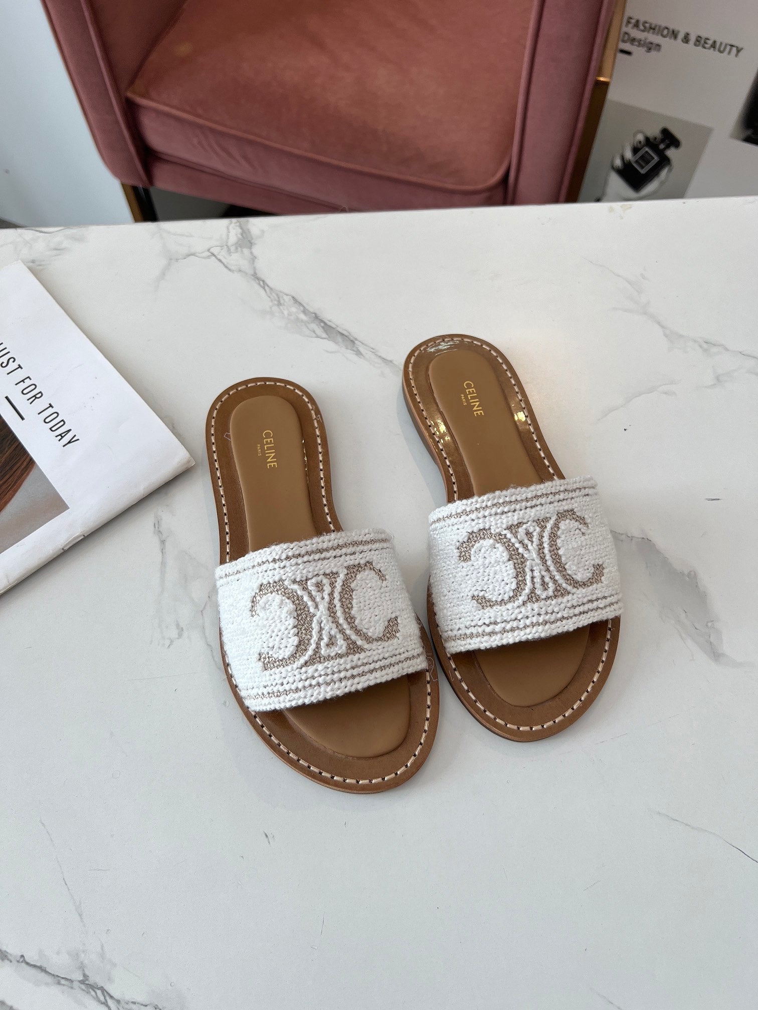 Celine 26s Slip-on Sandals Cotton Leather 982665