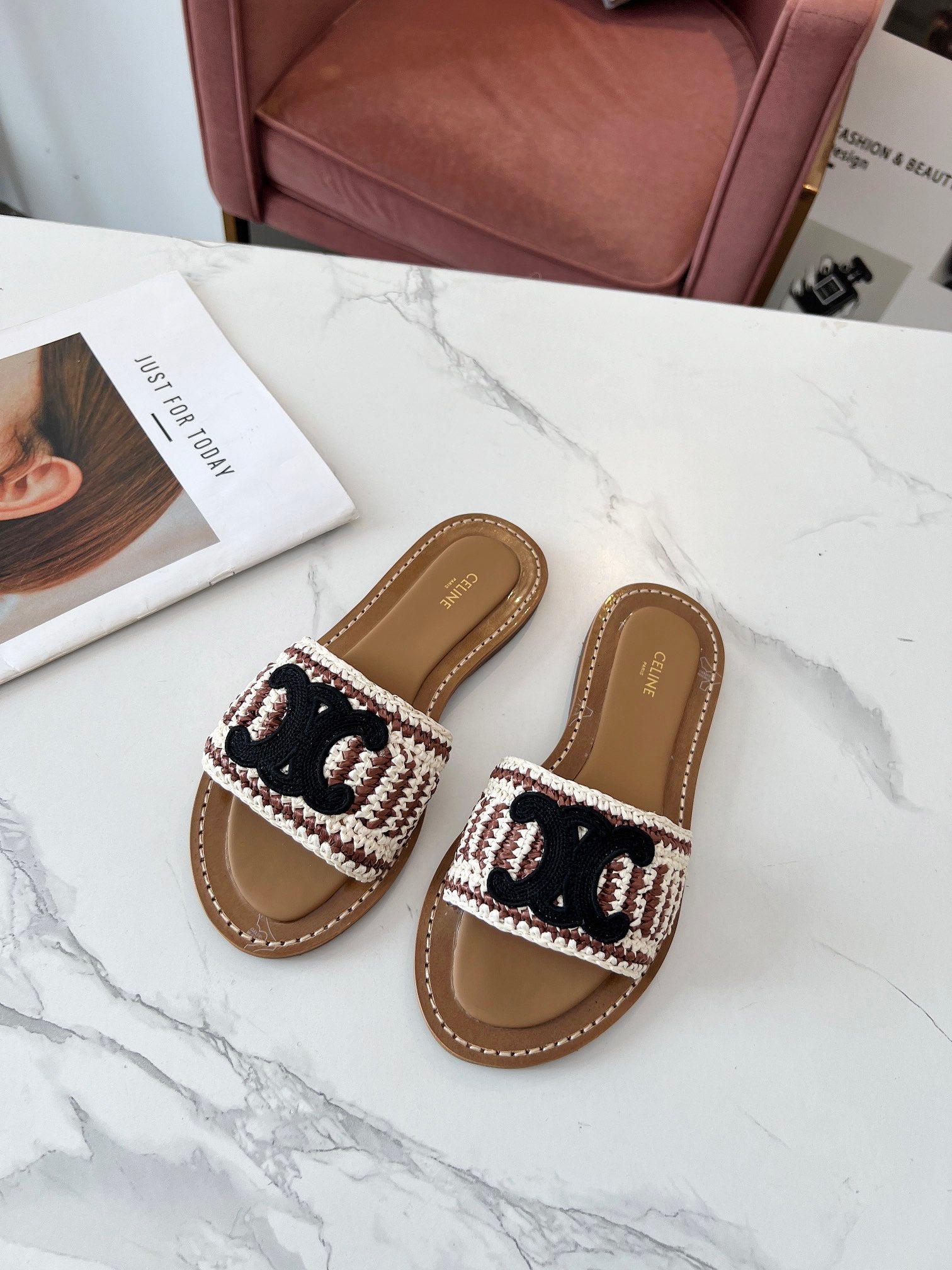 Celine 26s Slip-on Sandals Cotton Leather 982665