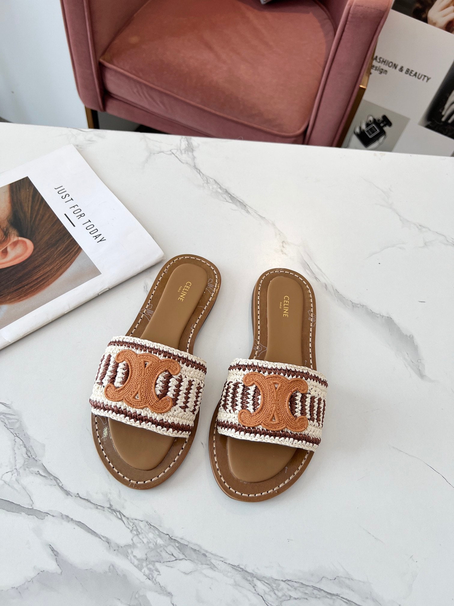 Celine 26s Slip-on Sandals Cotton Leather 982665