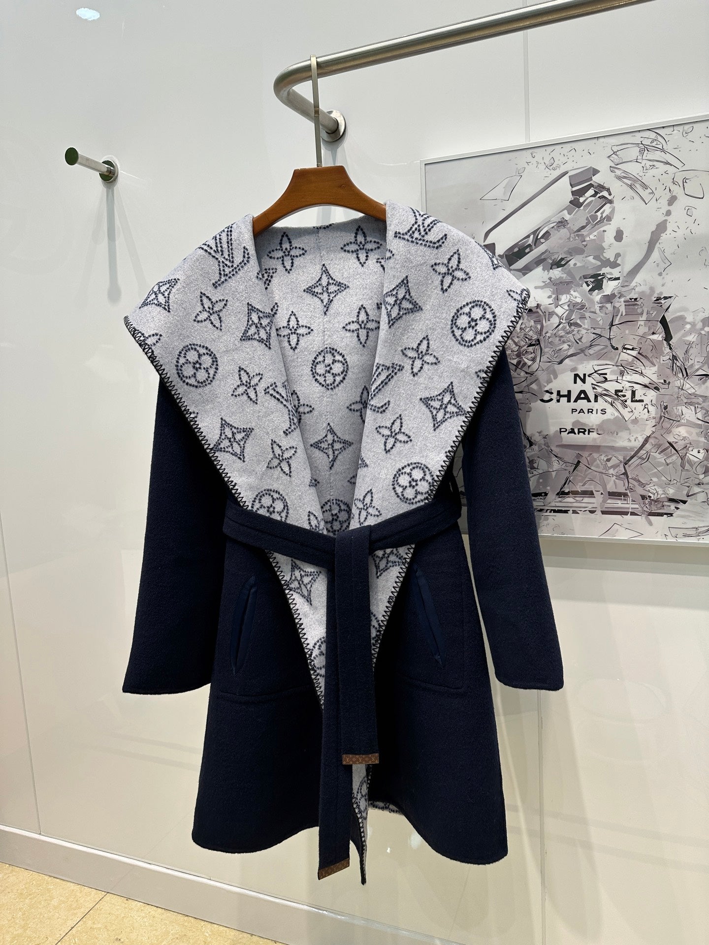 LV 26S Monogram Hooded Wrap Coat Wool Silk 440785