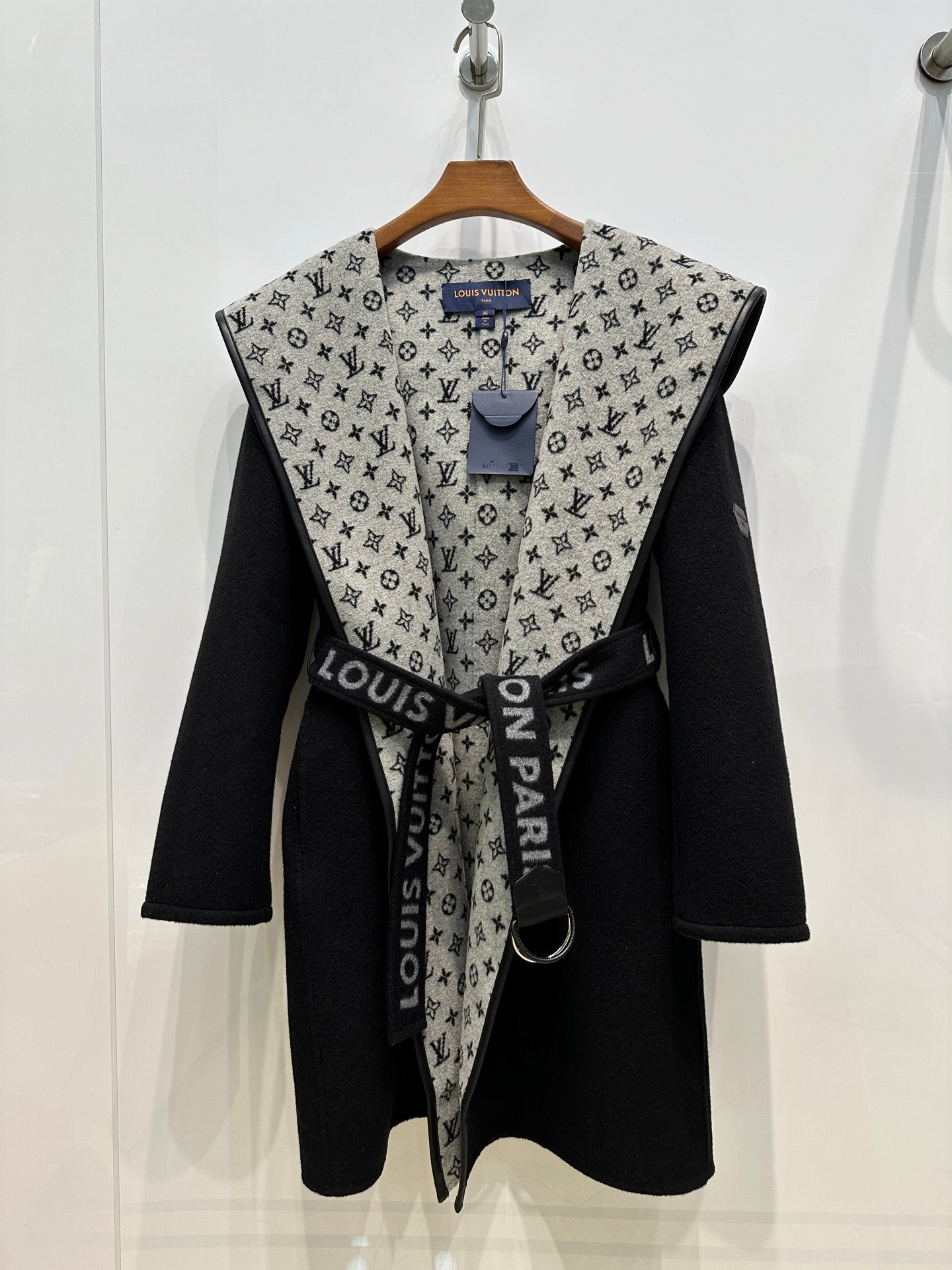 LV 26S Monogram Hooded Wrap Coat Wool Silk 440785