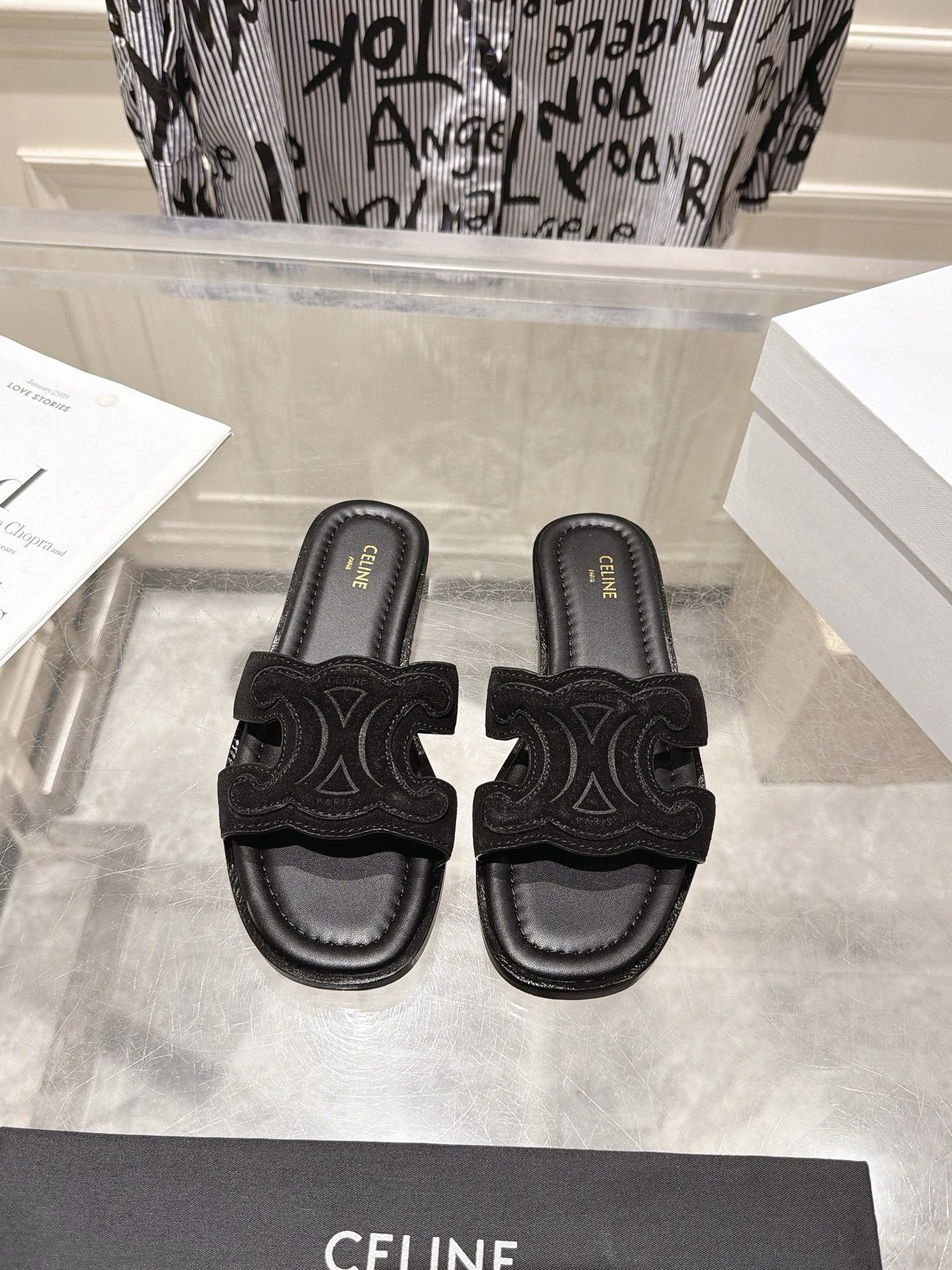 Celine 26s Triomphe Slippers Suede Leather 968245