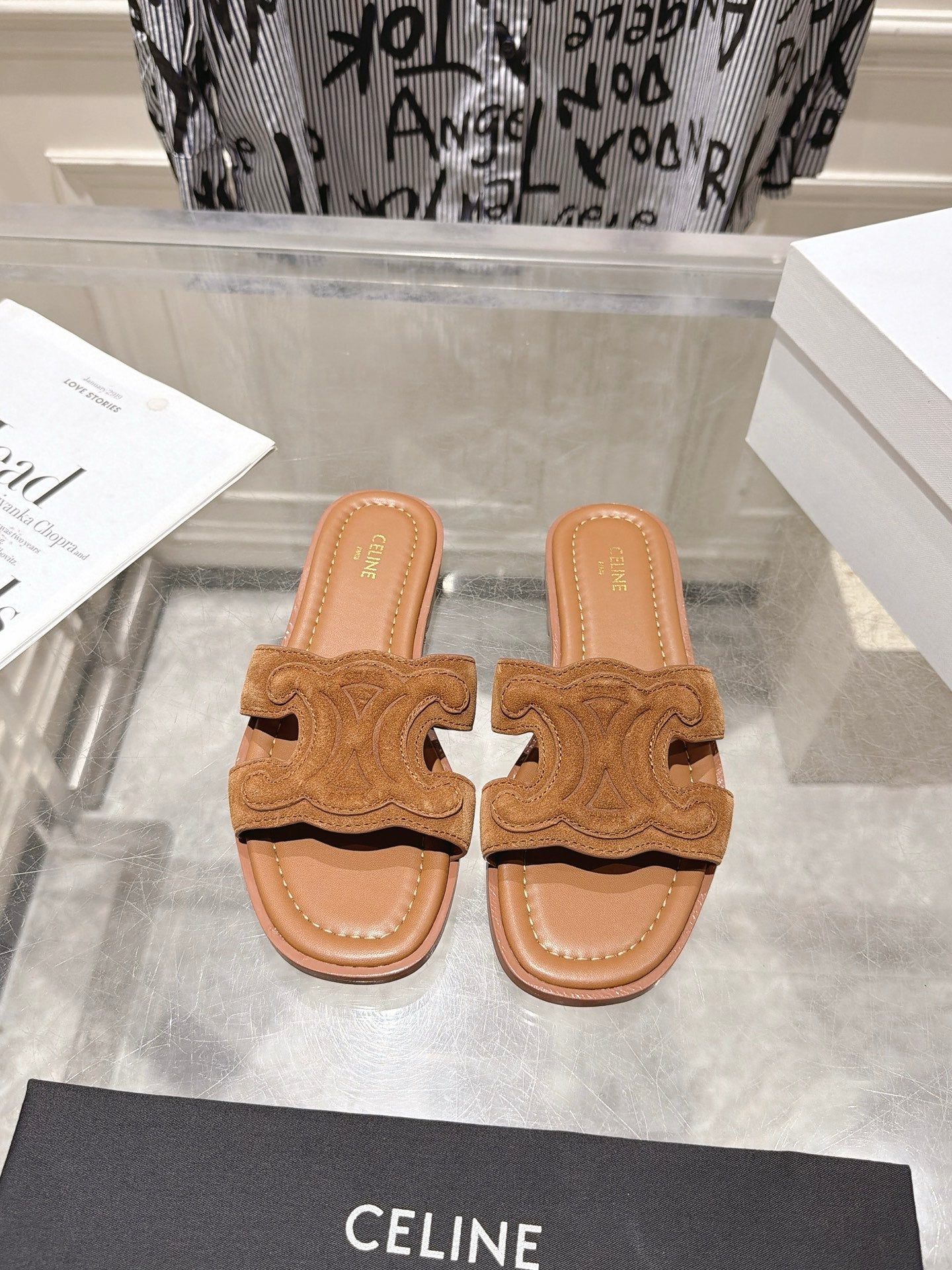 Celine 26s Triomphe Slippers Suede Leather 968245