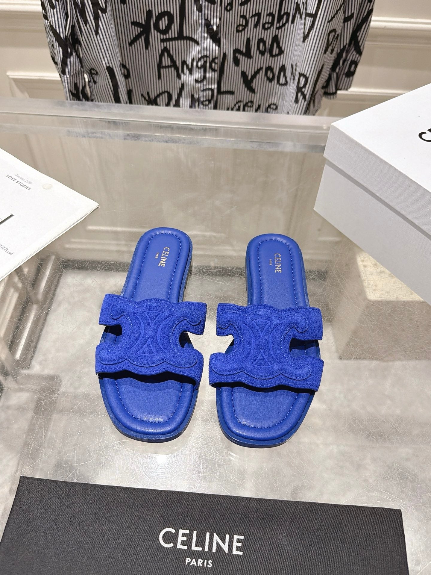 Celine 26s Triomphe Slippers Suede Leather 968245
