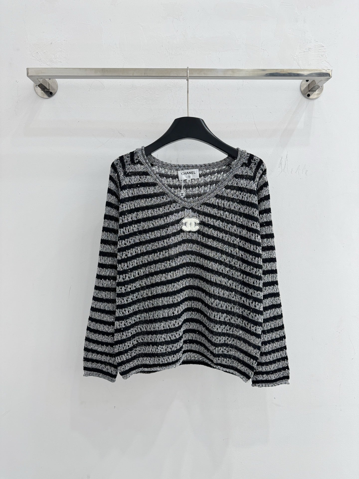 CC Striped V-Neck Sweater Double C Logo Wool 801965