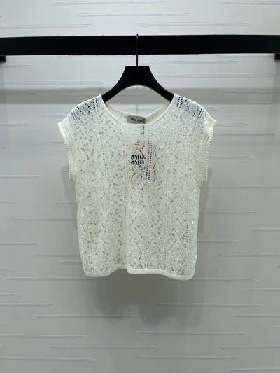 Miumiu 2026 Sequined Openwork Knit Short-Sleeve Top Wool 375034
