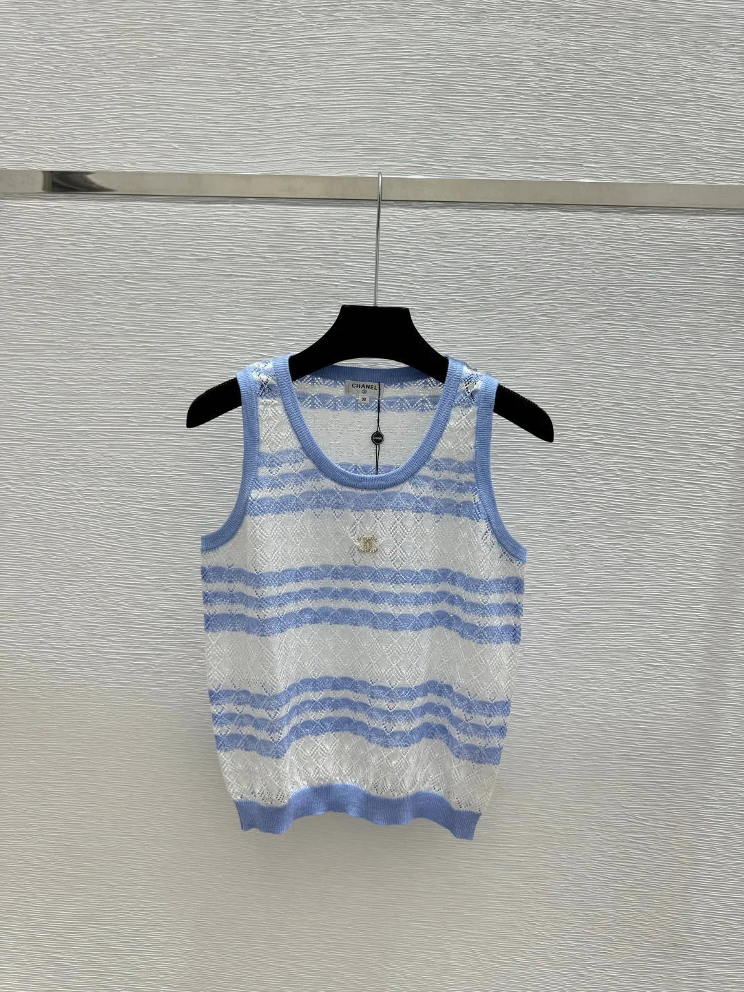 Chanel 2026 Striped Knit Vest Blue and Black Wool Cashmere 368367