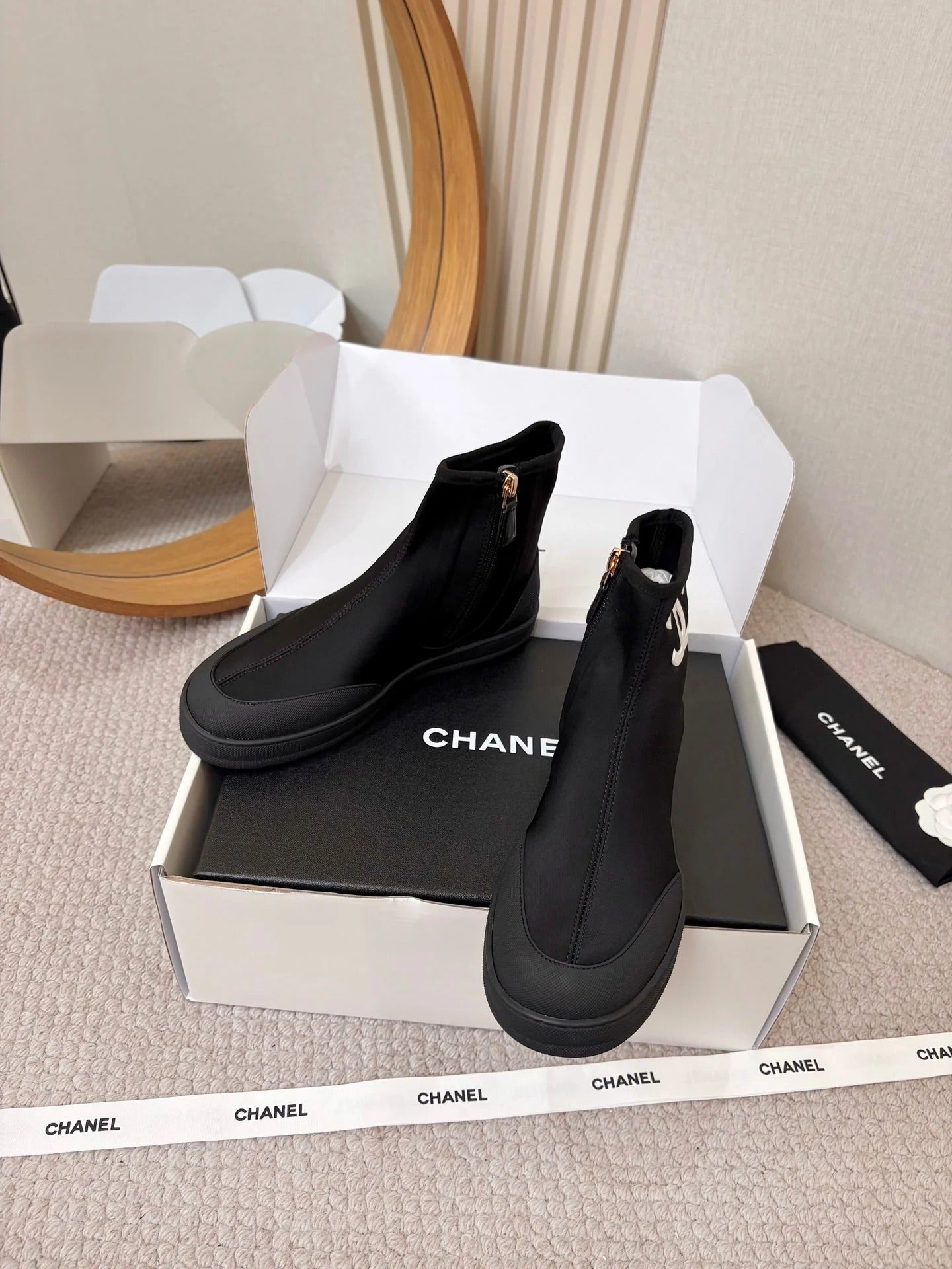 Chanel 2026 Double-C Metal Logo Ankle Boots Canvas Sheepskin 826495