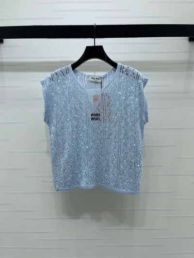 Miumiu 2026 Sequined Openwork Knit Short-Sleeve Top Wool 375034