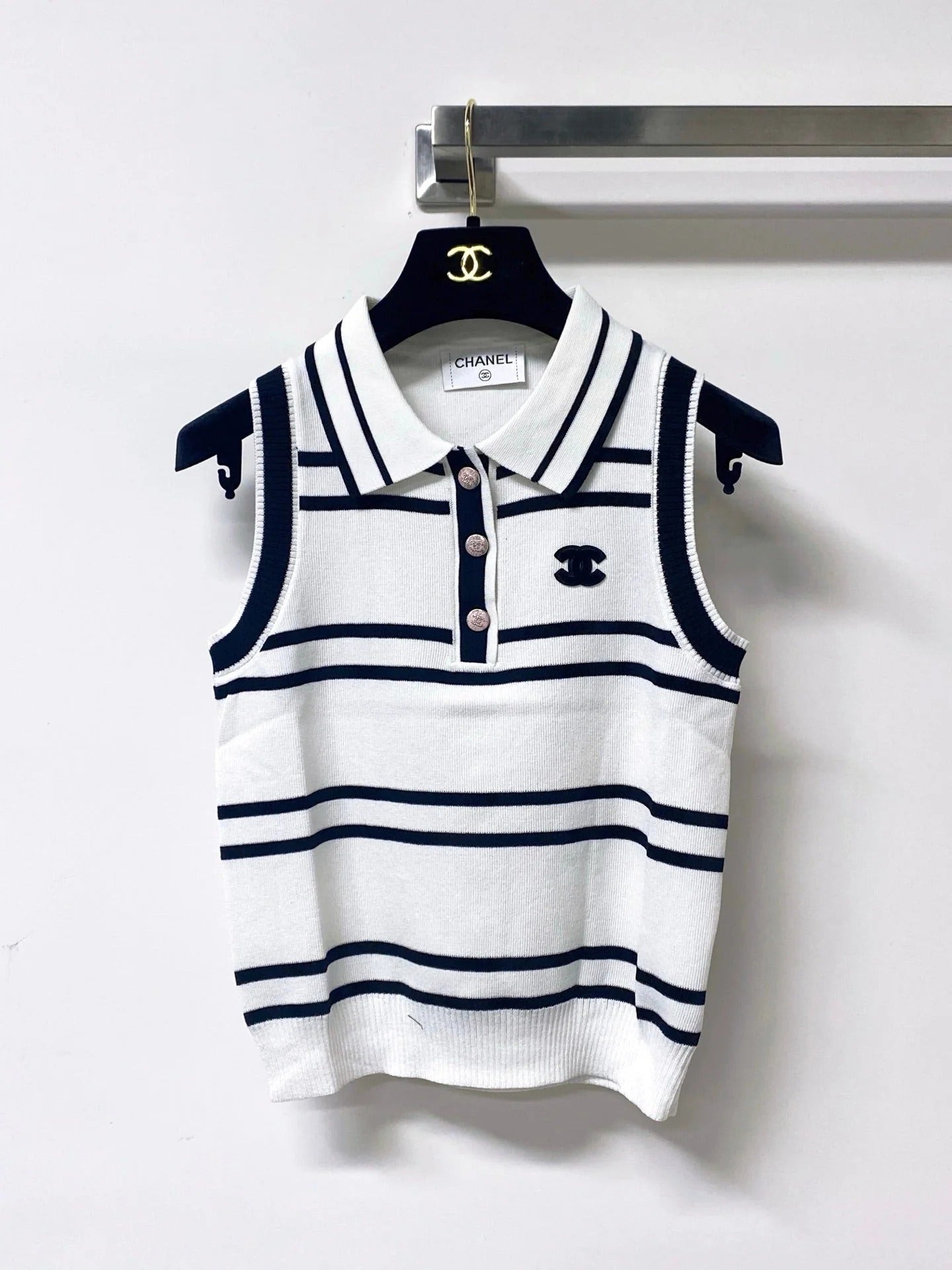 Chanel 2026 Striped Vest White and Black Tencel Wool 295249