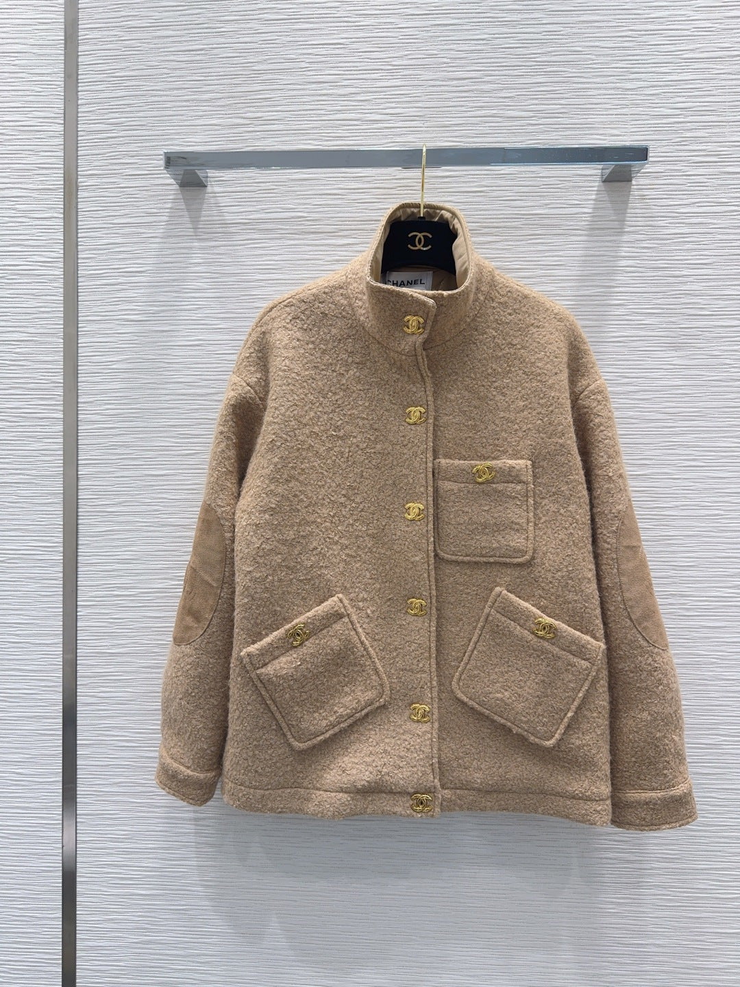 Chanel 26s Beige/Navy Blue Wool Polyamide Standing Collar Jacket 447512