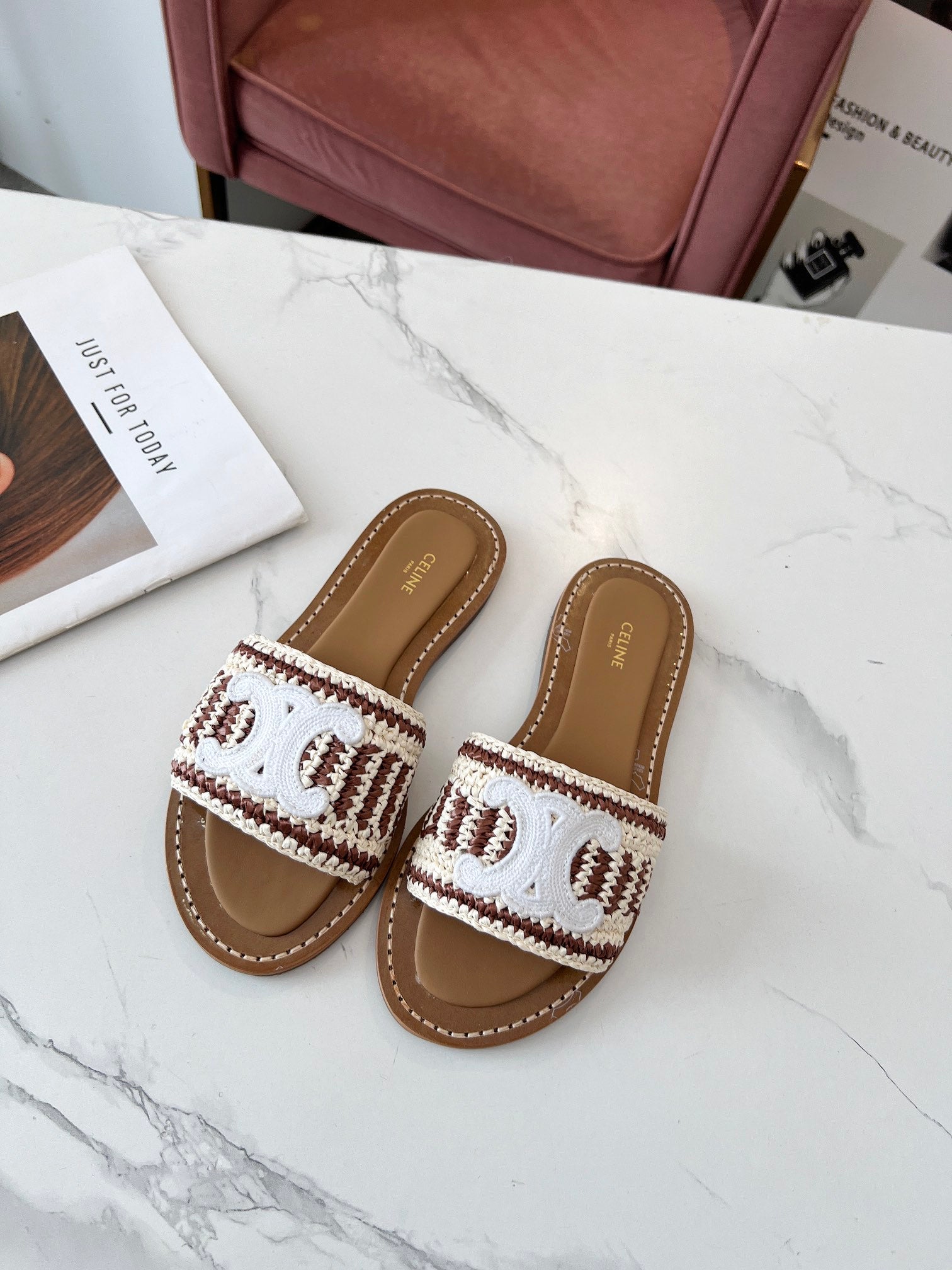 Celine 26s Slip-on Sandals Cotton Leather 982665