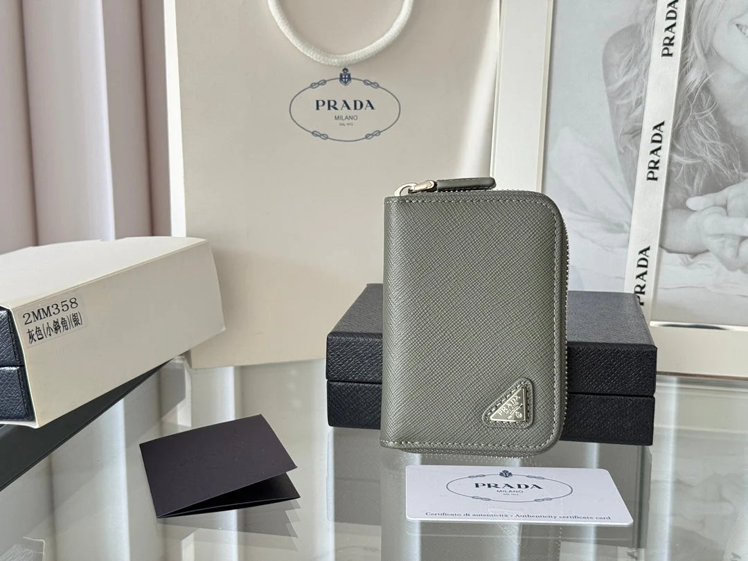 Prada 2026 Cardholder Zipper Bag 10cm Logo Silver Calfskin