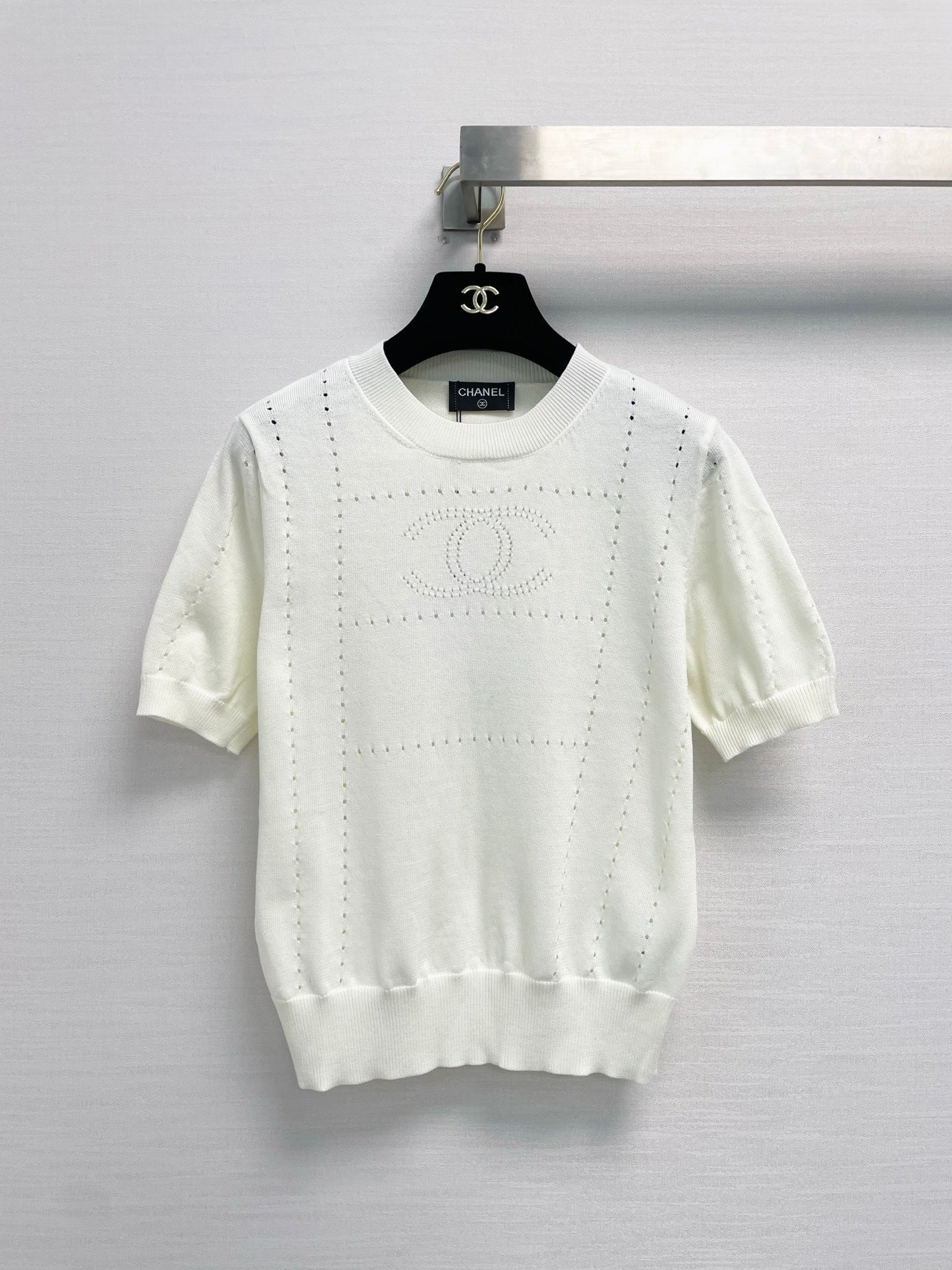 Chanel 26s Perforated Logo Short Sleeve Knit Sweater Off White