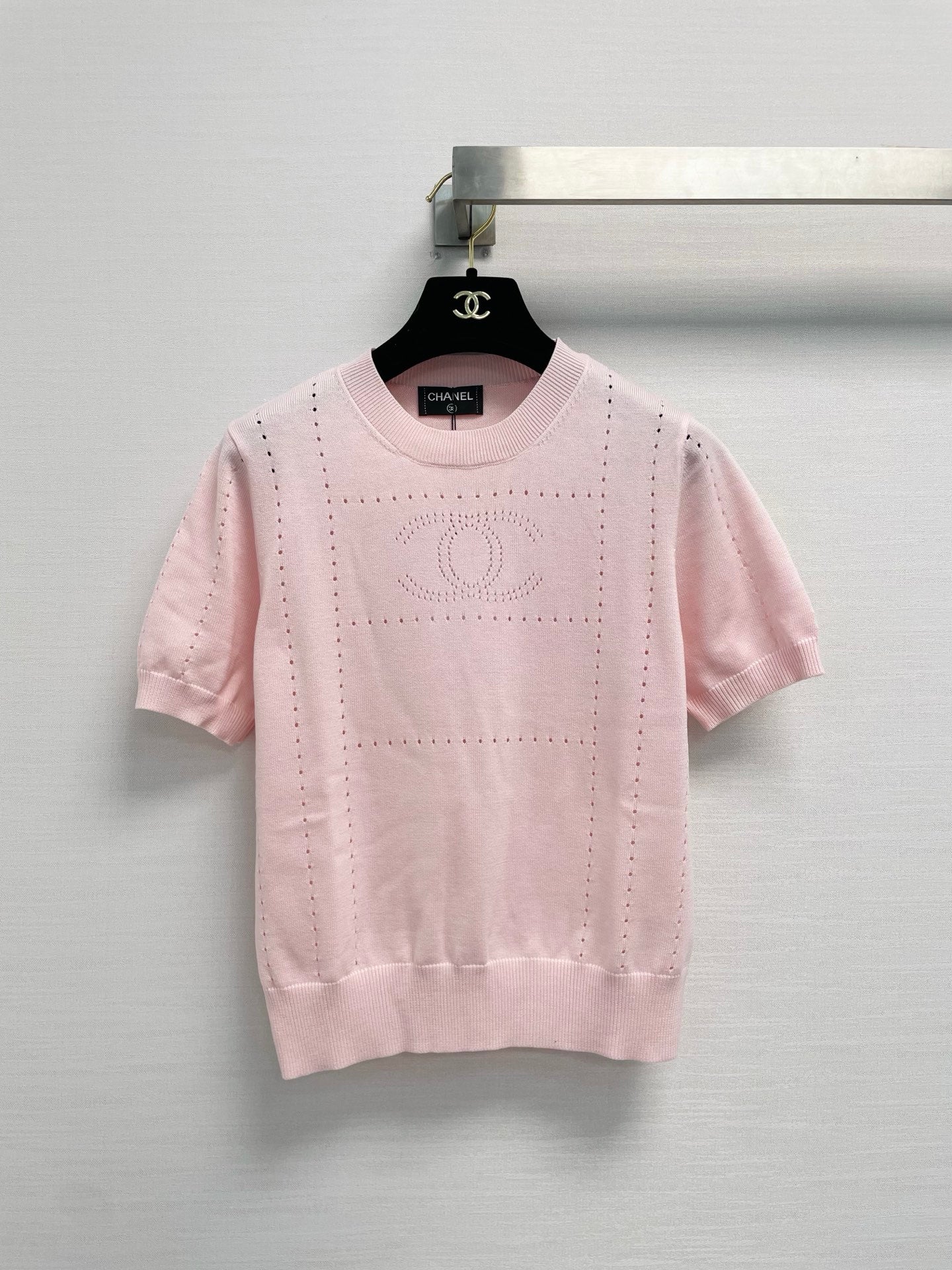 Chanel 26s Perforated Logo Short Sleeve Knit Sweater Off White
