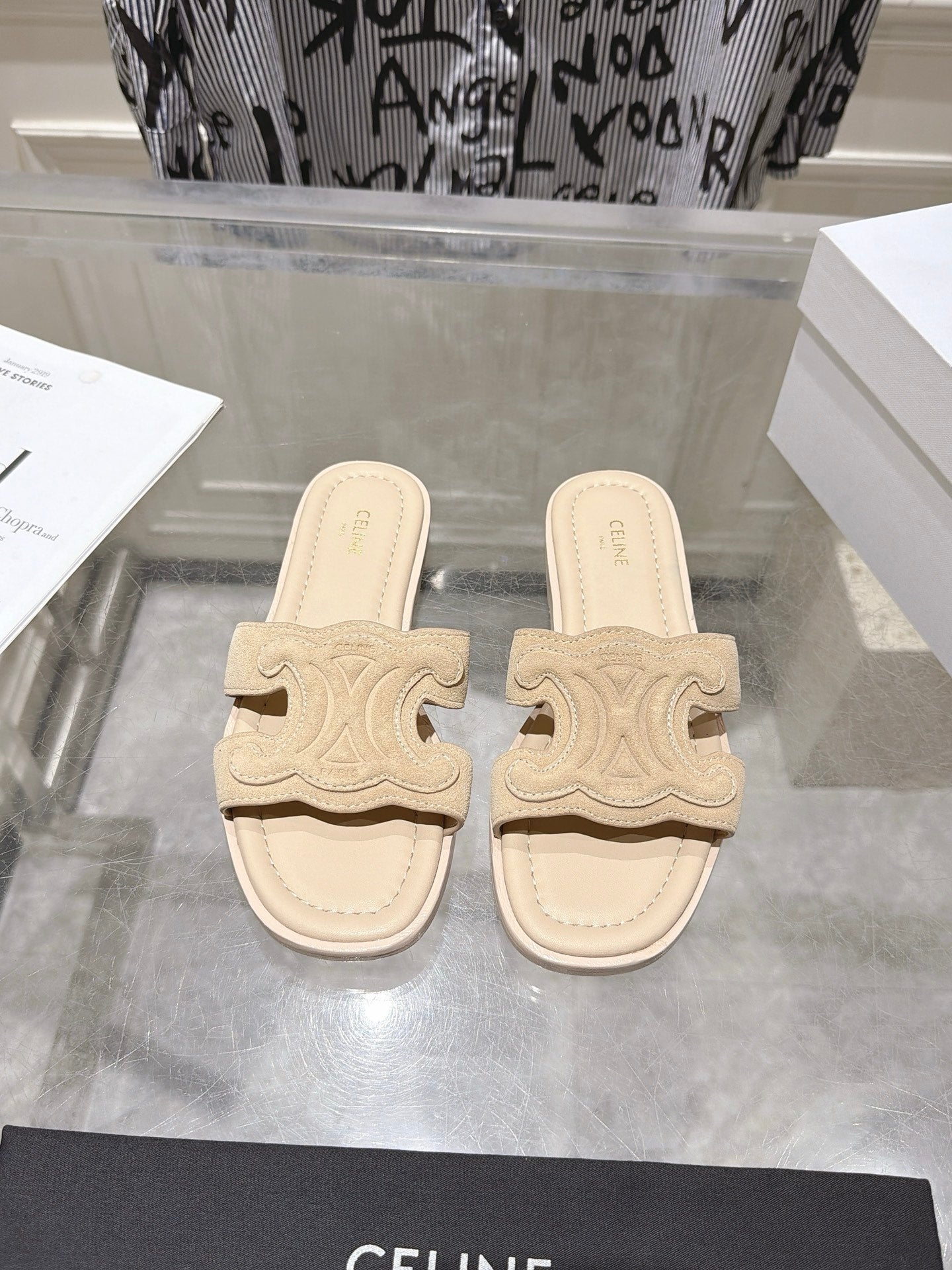 Celine 26s Triomphe Slippers Suede Leather 968245