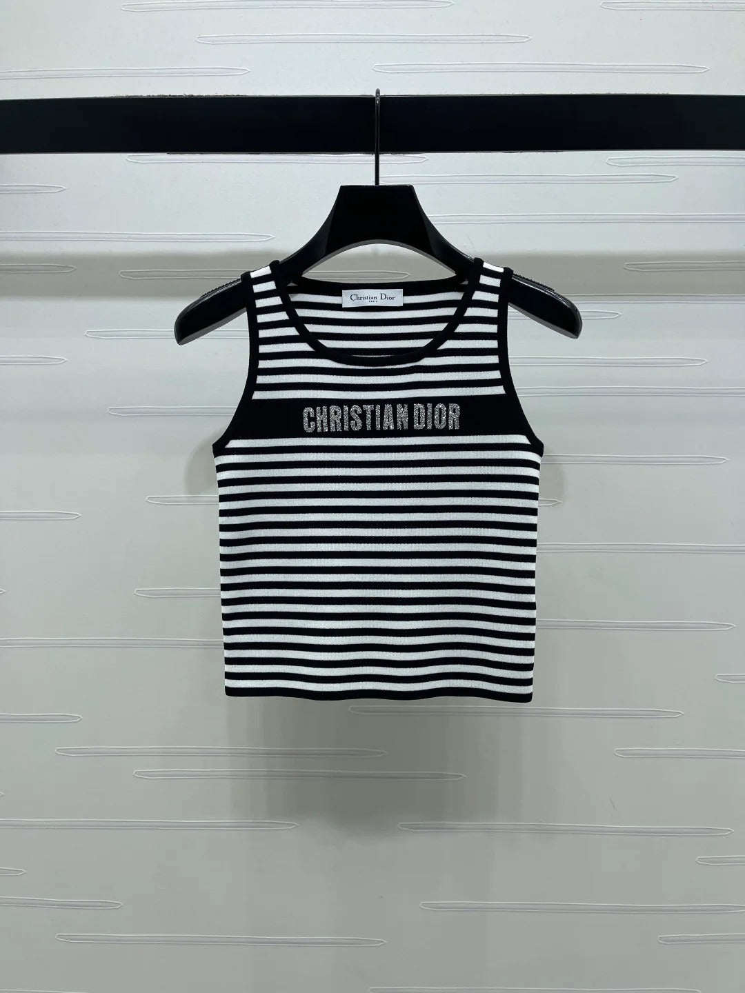 Dior 2026 Striped Letter Crew Neck Knit Vest Black and White Wool
