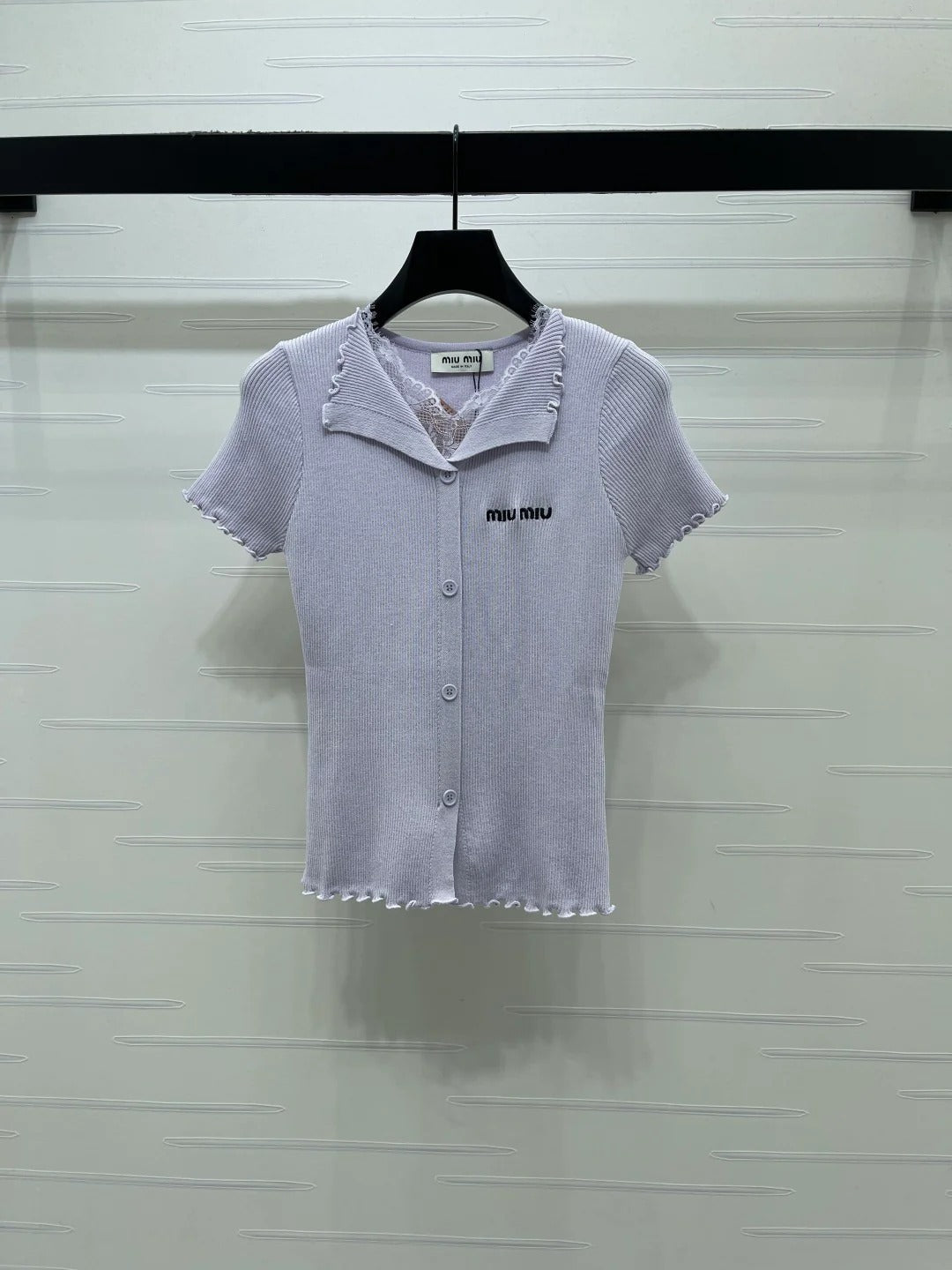 Miumiu 2026 Lace Collar T-shirt Cream and Purple Wool