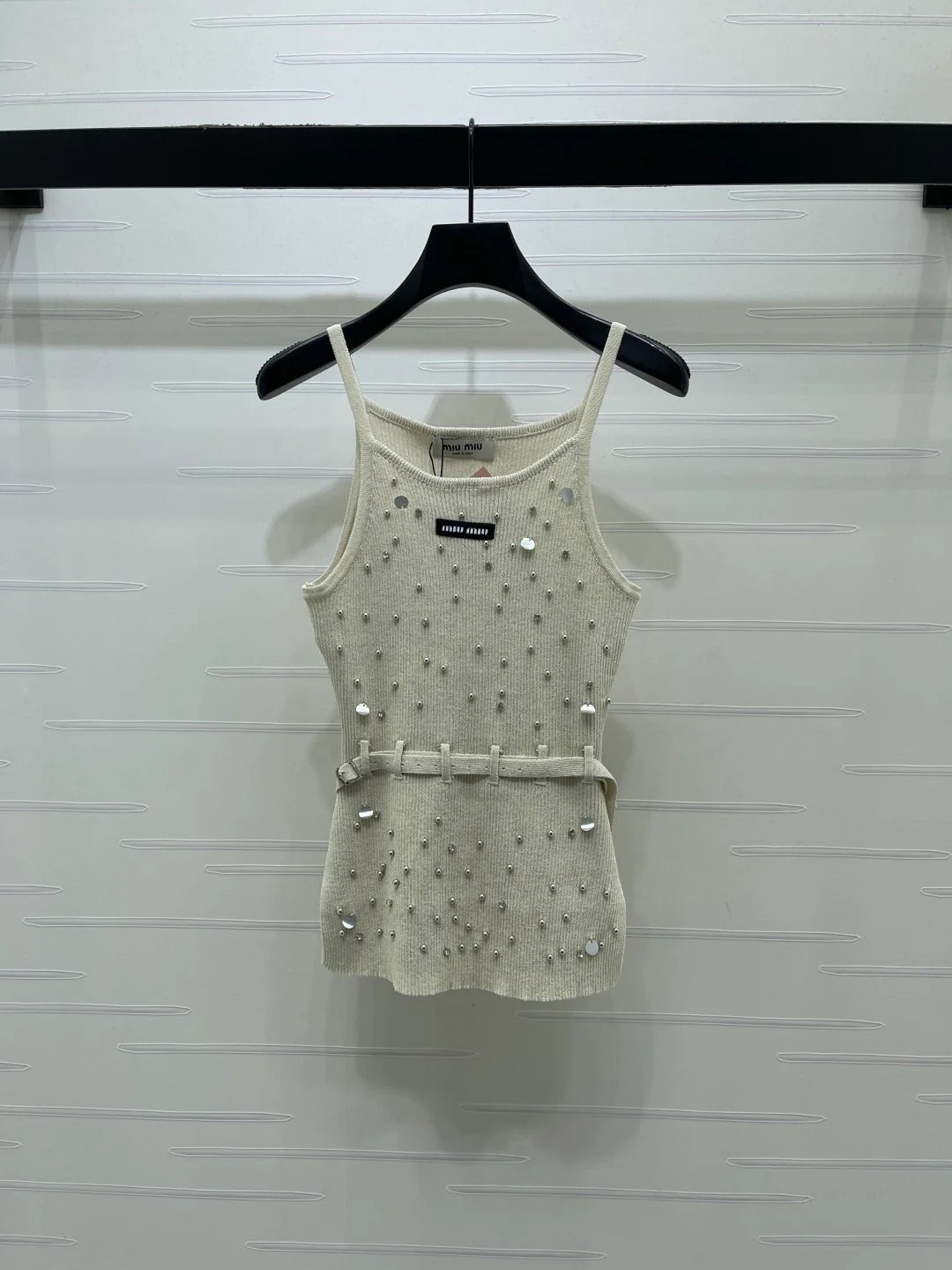 Miumiu 2026 Knit Top With Crystal Details And Belted Waist Wool