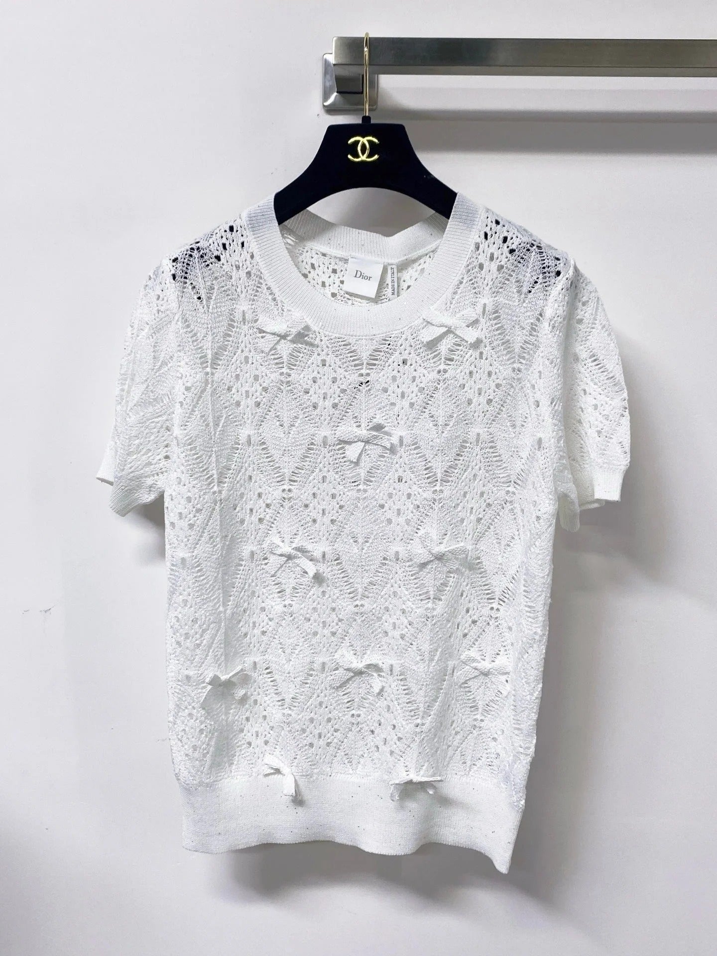Dior 2026 Openwork Lace Knit Short-Sleeve Top Bow Details 479896