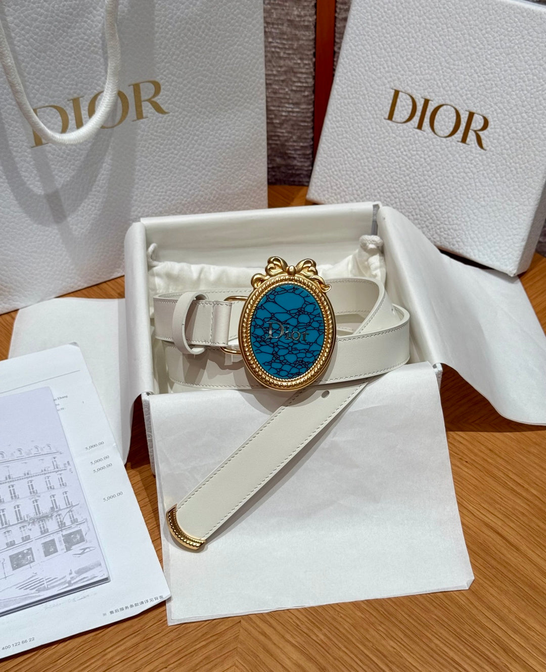CD 26FW Medaillon Belt 2.5cm Turquoise-Effect Buckle Beige Calfskin 220648