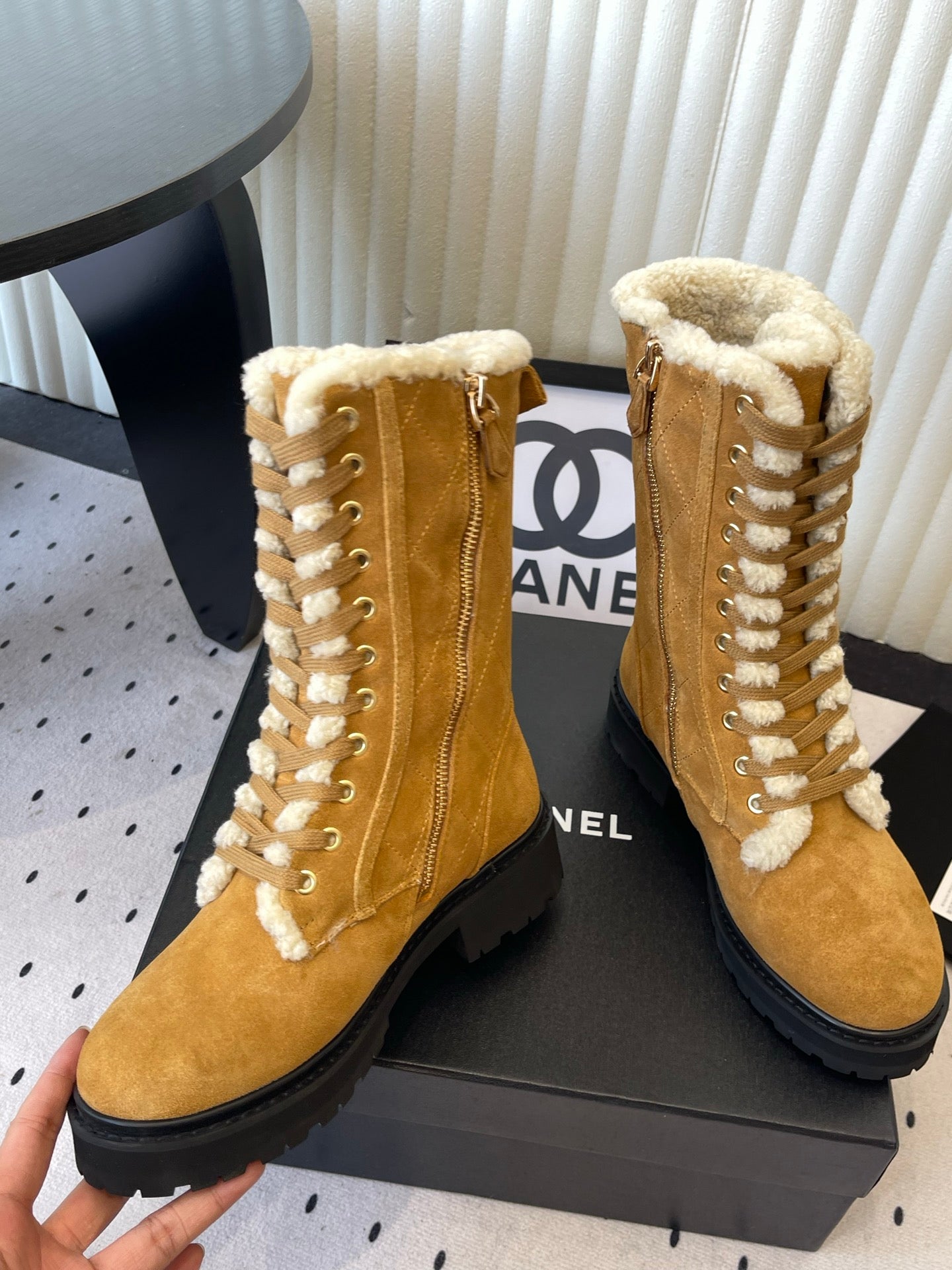 Chanel 2026 Quilted Lace Up Ankle Boots Suede Wool Leather 190006